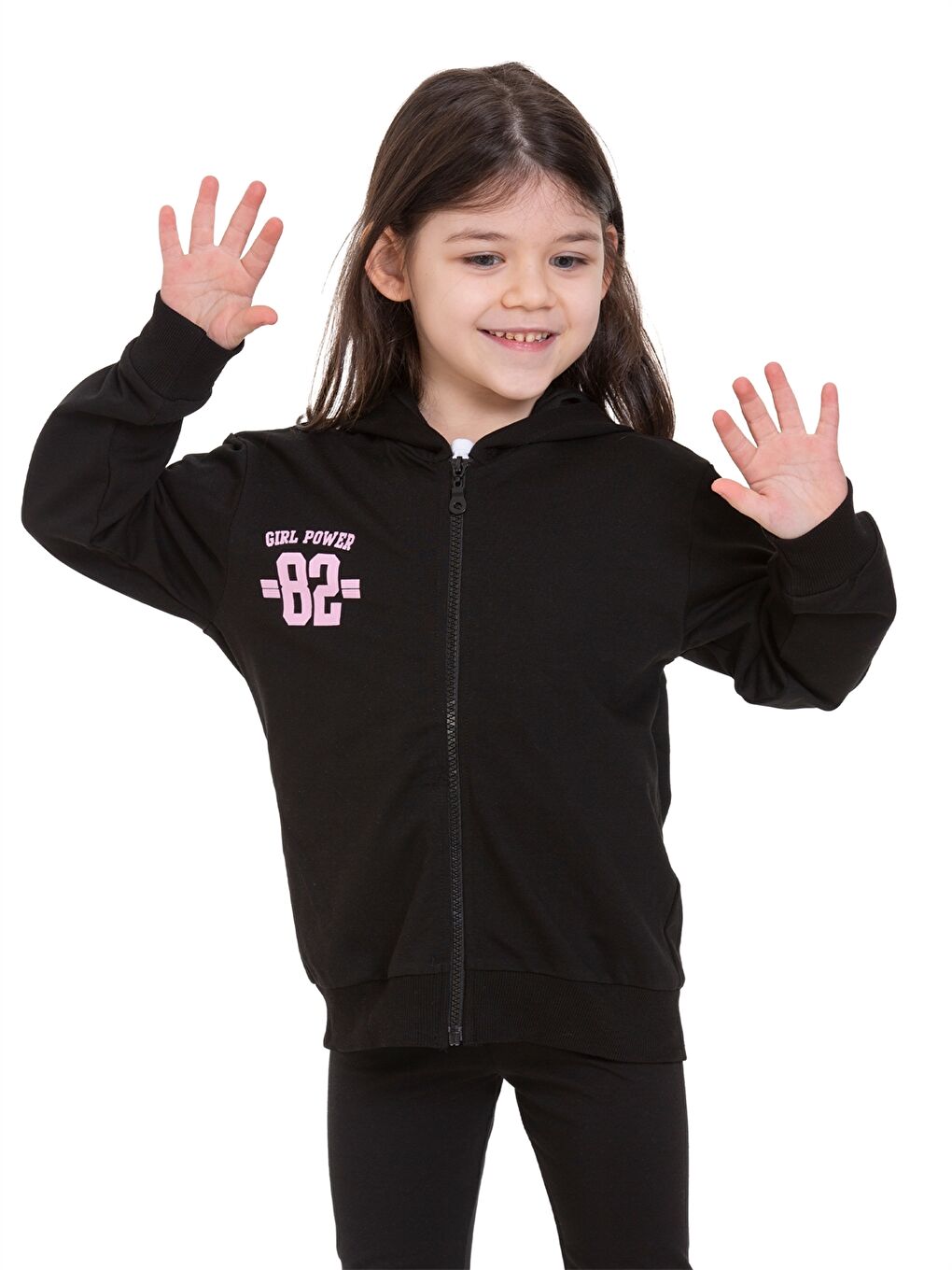 Siyah Baskılı Uzun Kollu Kız Çocuk Fermuarlı Sweatshirt-1