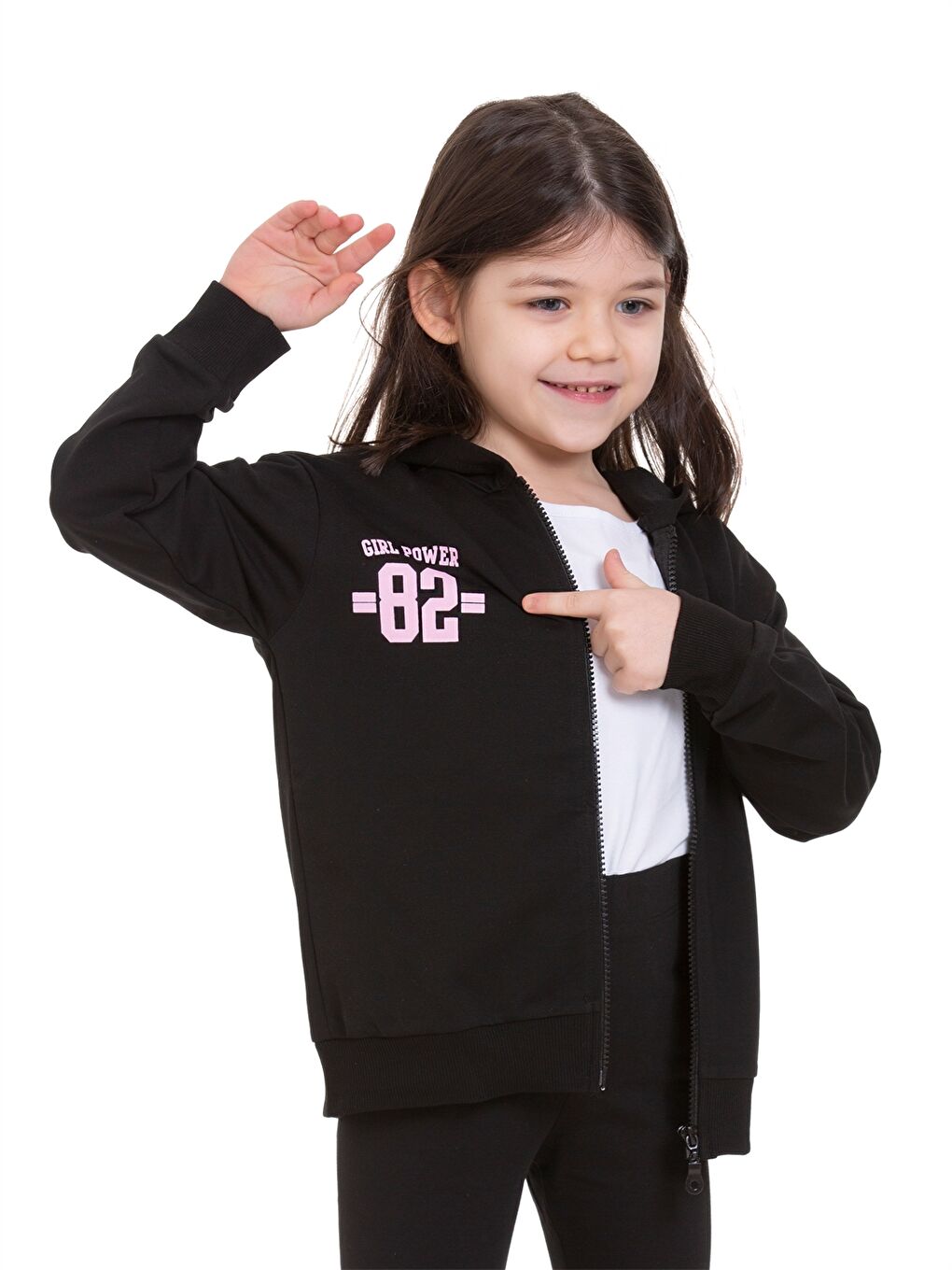 Siyah Baskılı Uzun Kollu Kız Çocuk Fermuarlı Sweatshirt-2