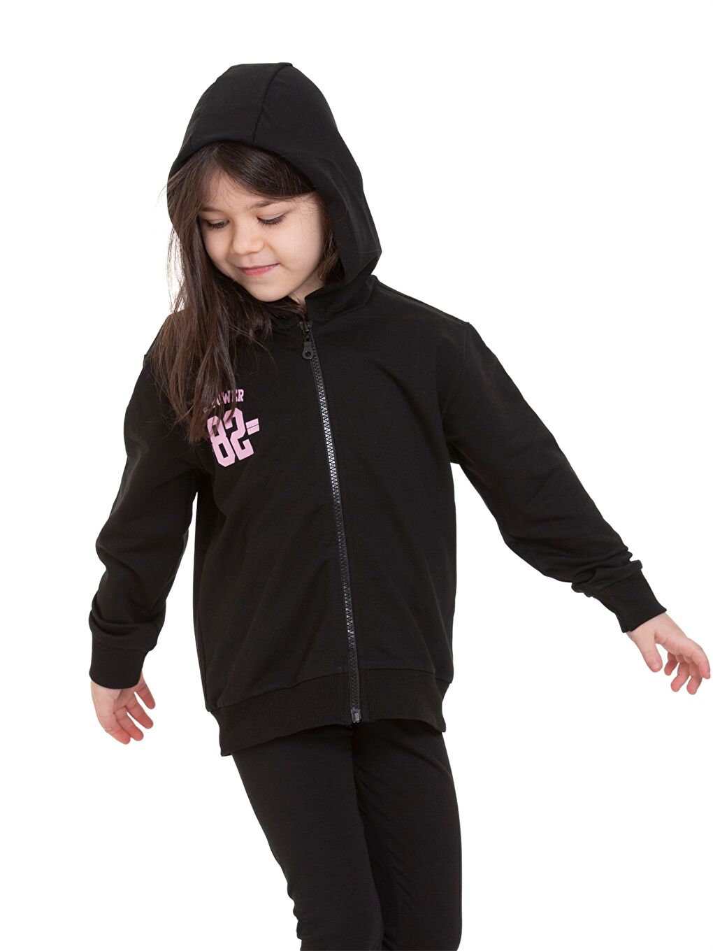 Siyah Baskılı Uzun Kollu Kız Çocuk Fermuarlı Sweatshirt-4