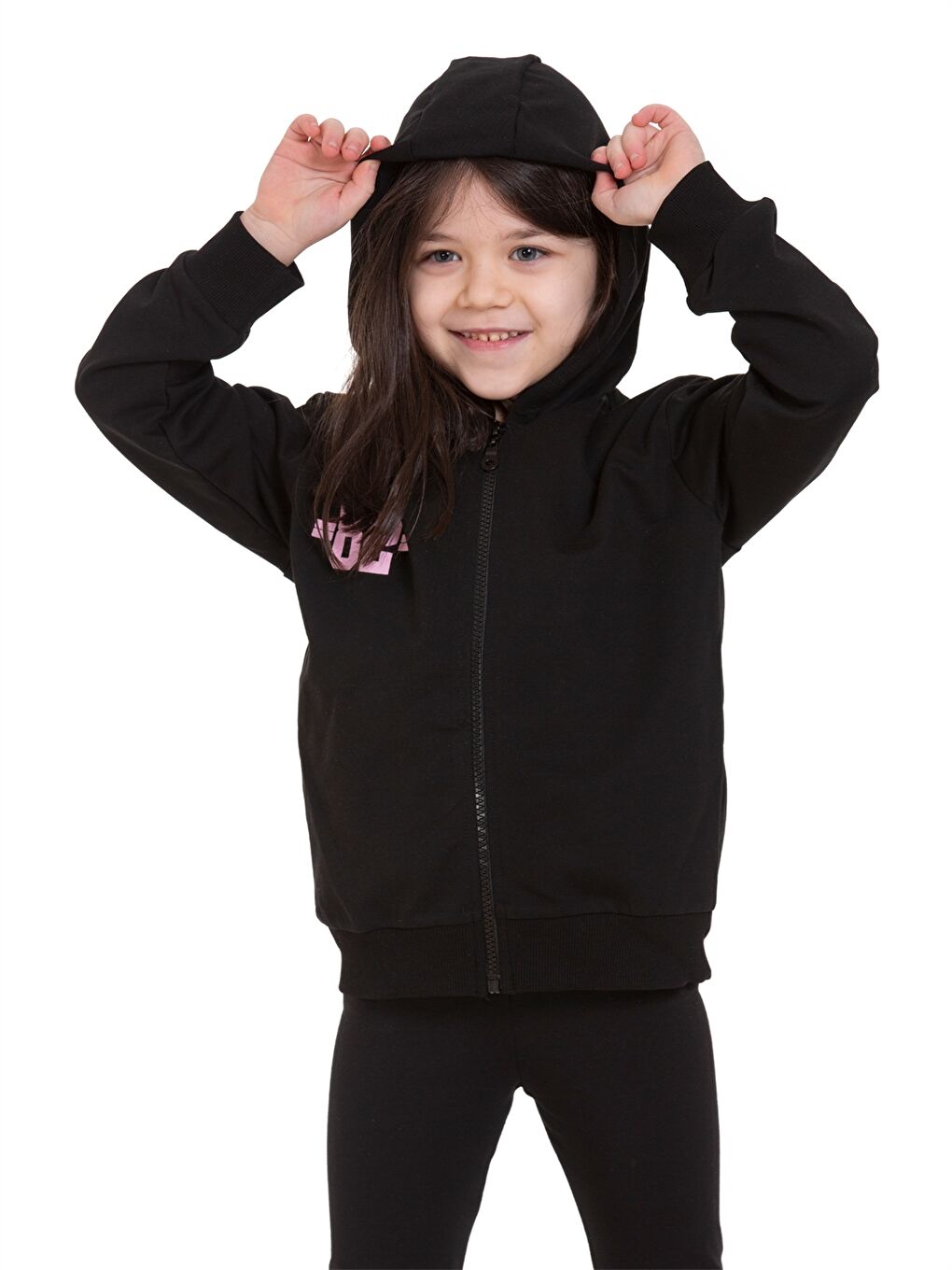 Siyah Baskılı Uzun Kollu Kız Çocuk Fermuarlı Sweatshirt-5