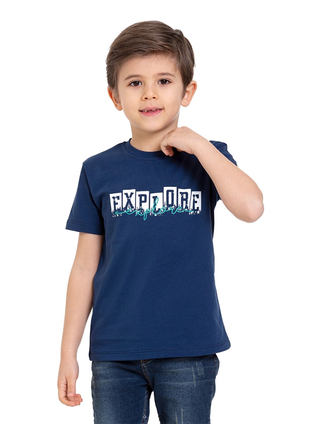 Lacivert Bisiklet Yaka Erkek Çocuk Tişört-1