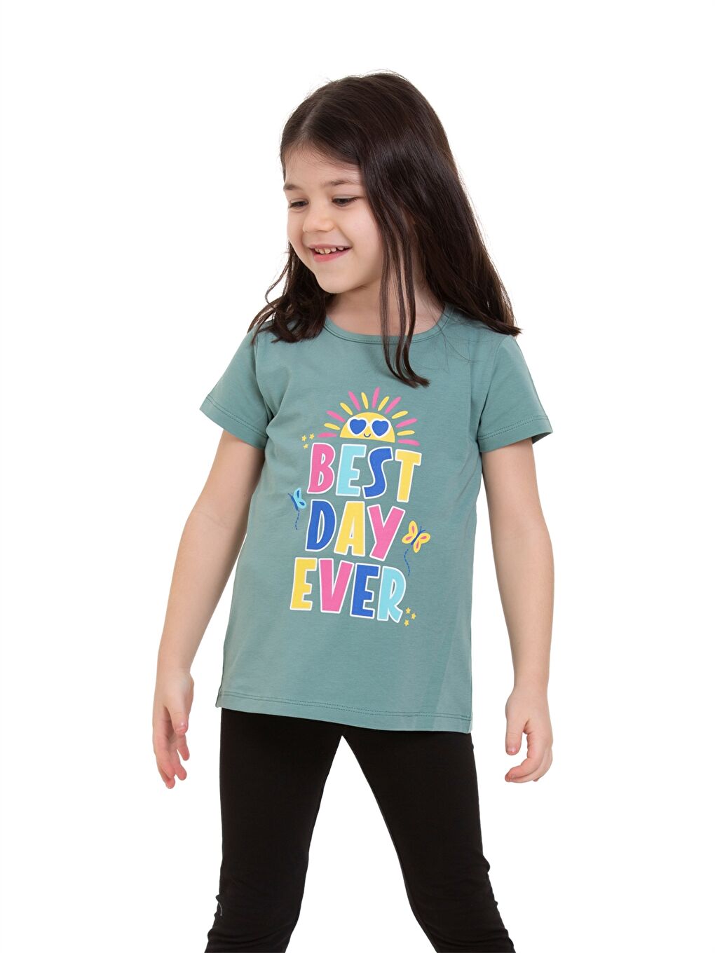 Yeşil Bisiklet Yaka Baskılı Kız Bebek Tişört