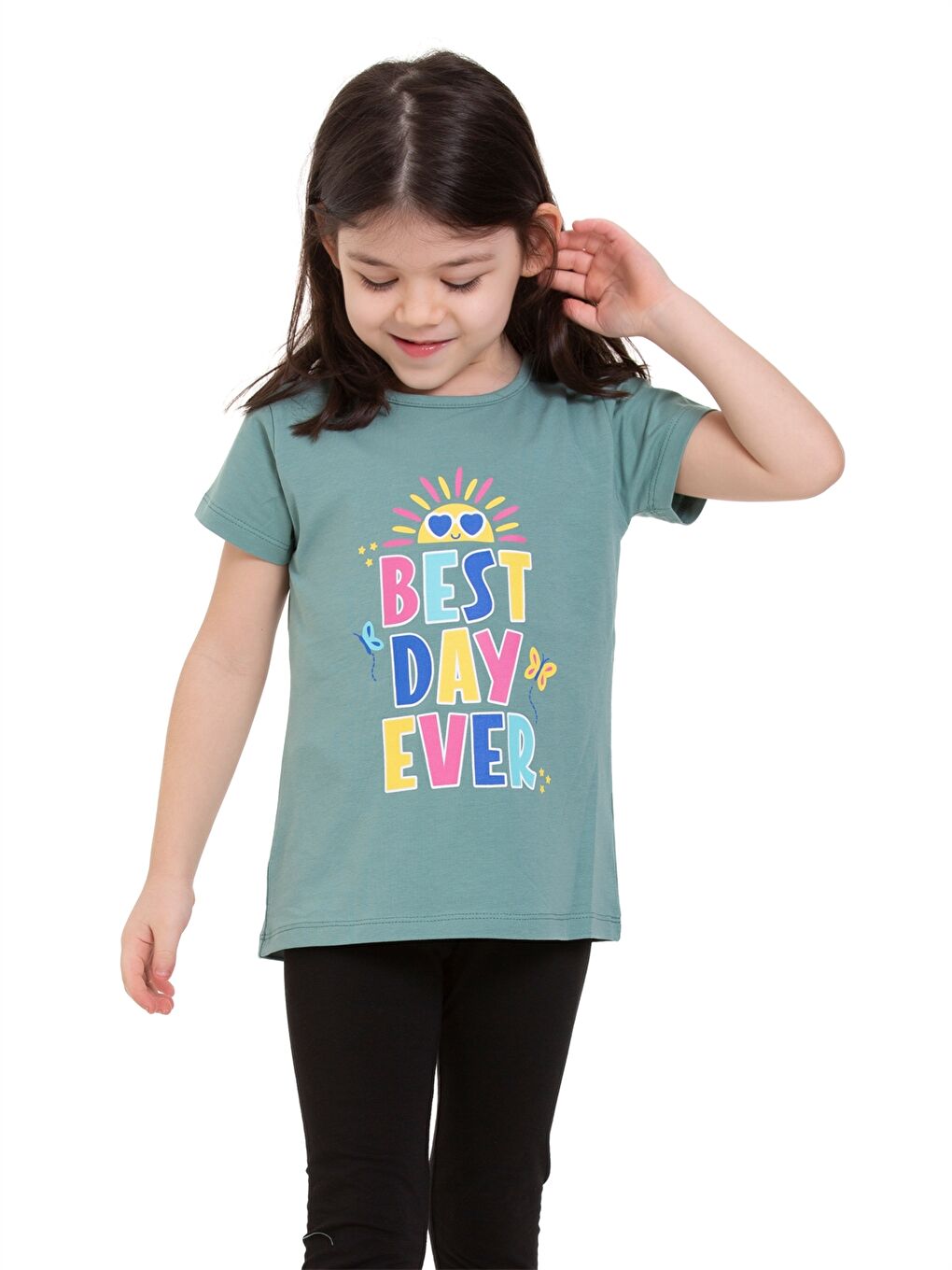 Yeşil Bisiklet Yaka Baskılı Kız Bebek Tişört-1