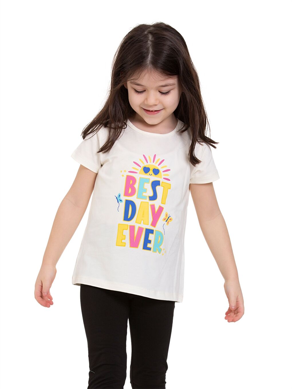 Ekru Bisiklet Yaka Baskılı Kız Bebek Tişört