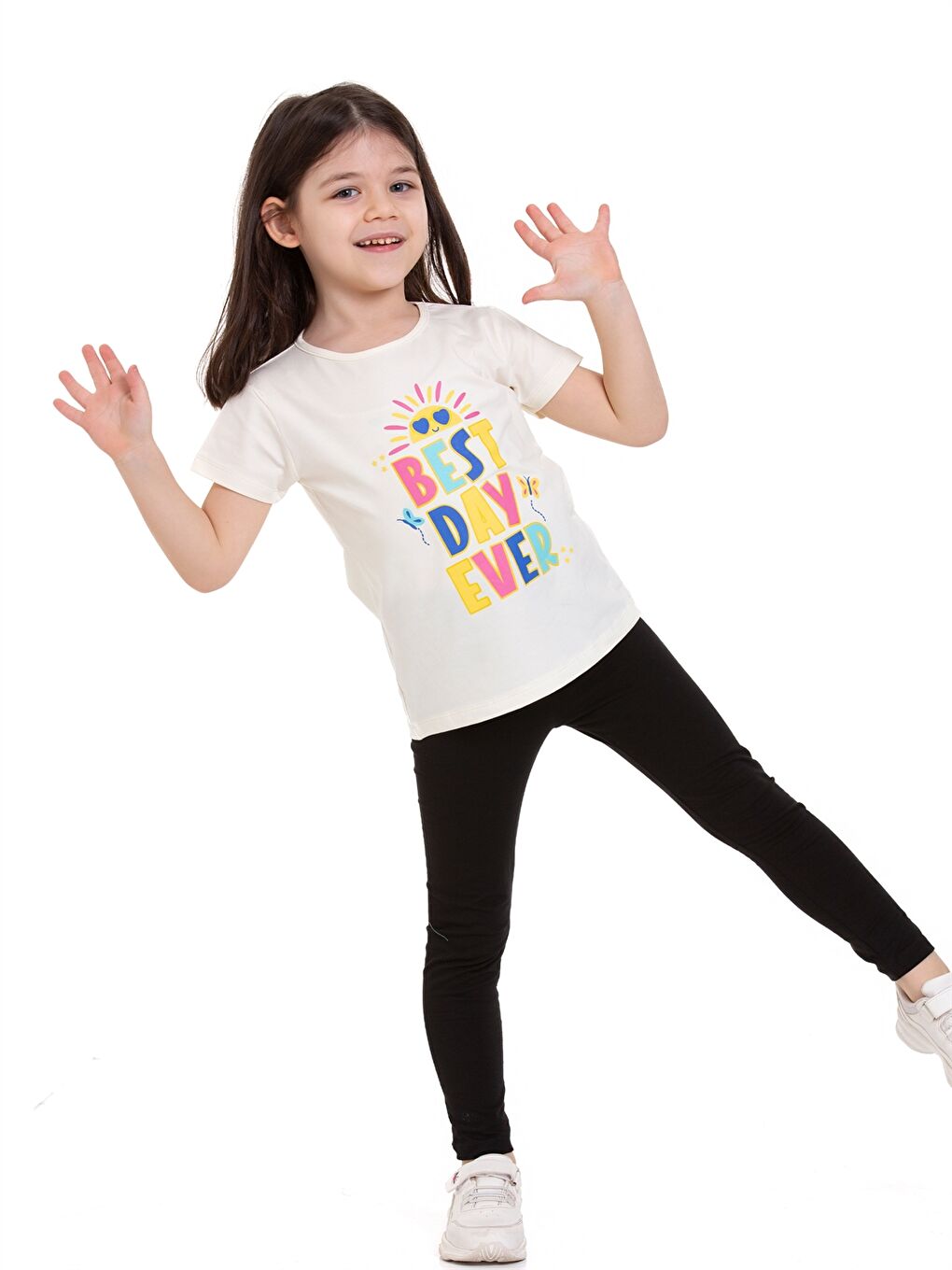 Ekru Bisiklet Yaka Baskılı Kız Bebek Tişört-1