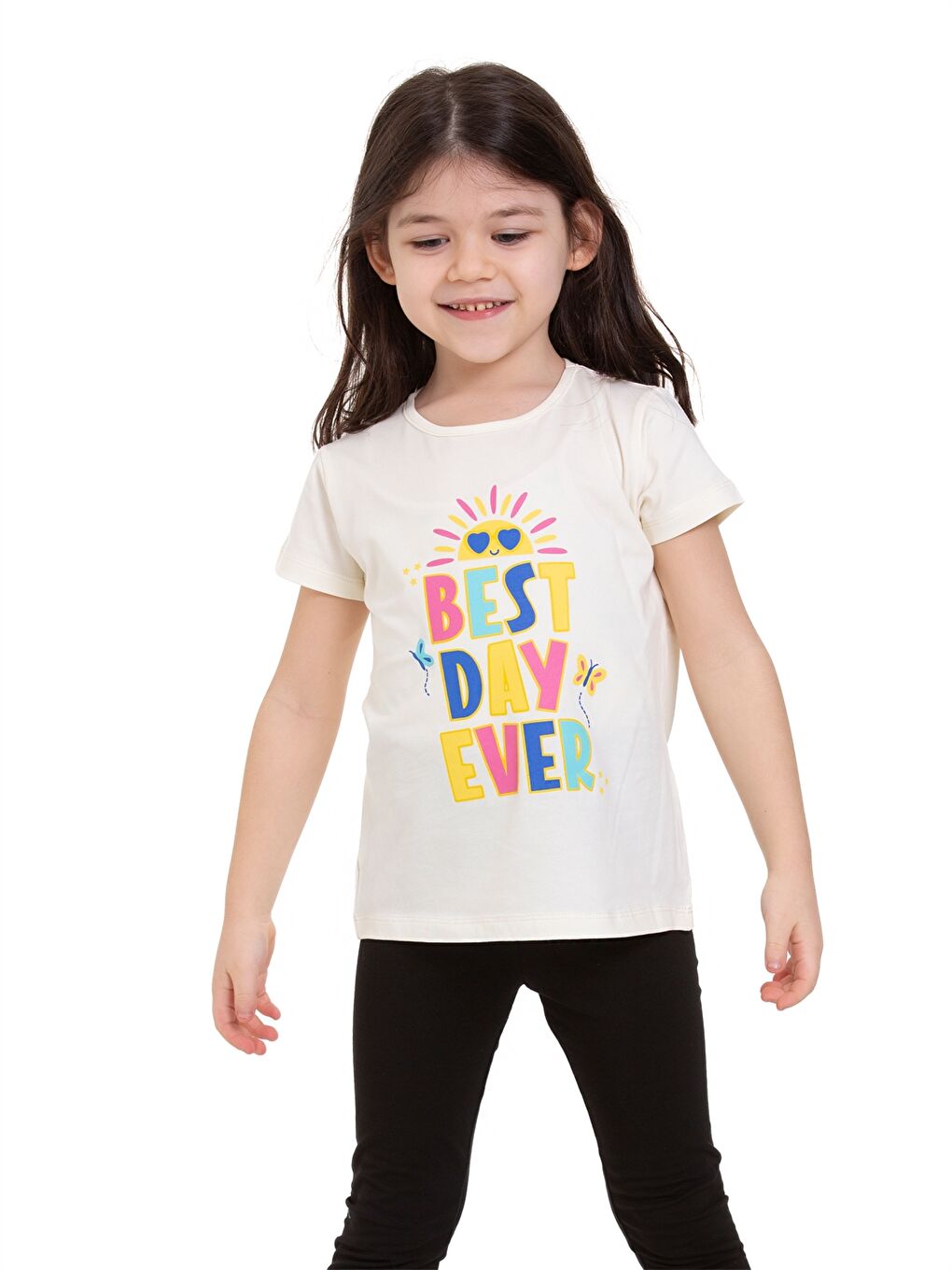 Ekru Bisiklet Yaka Baskılı Kız Bebek Tişört-2