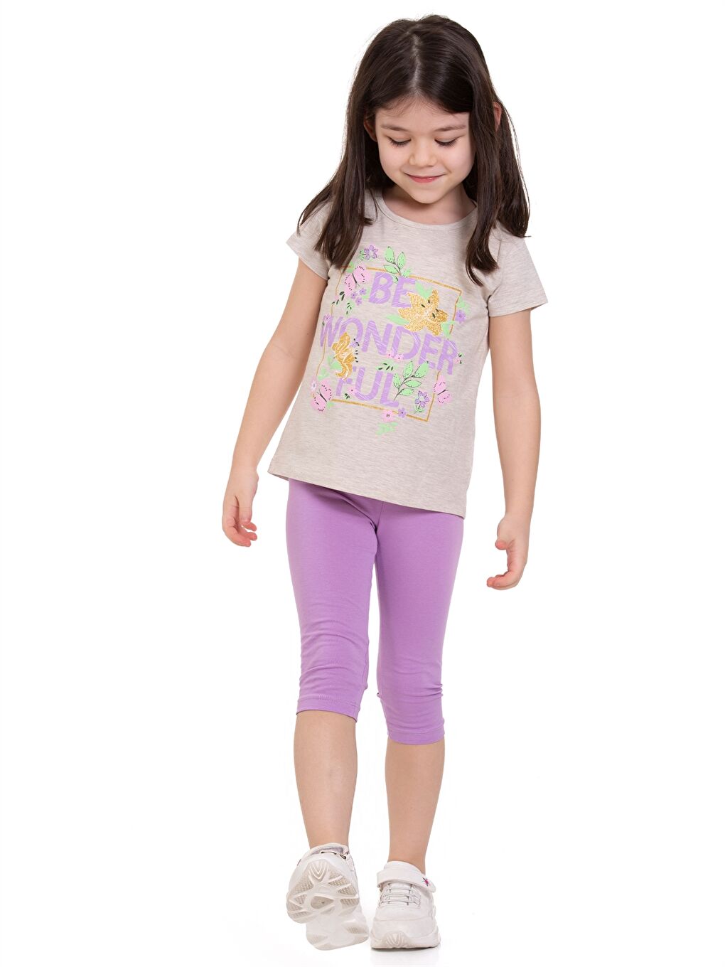 Bej Bisiklet Yaka Baskılı Kısa Kollu Kız Çocuk Takım