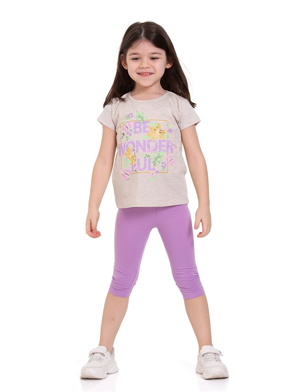 Bej Bisiklet Yaka Baskılı Kısa Kollu Kız Çocuk Takım-1