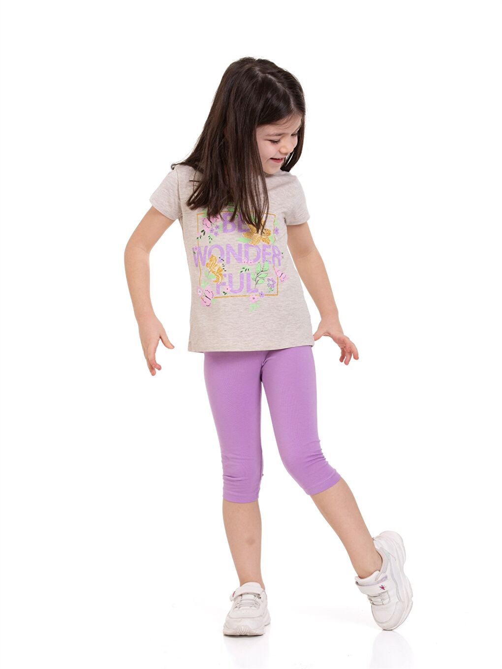 Bej Bisiklet Yaka Baskılı Kısa Kollu Kız Çocuk Takım-3