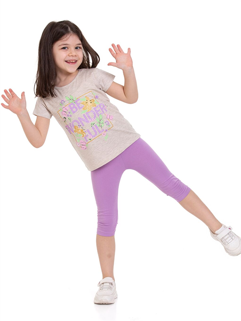 Bej Bisiklet Yaka Baskılı Kısa Kollu Kız Çocuk Takım-4