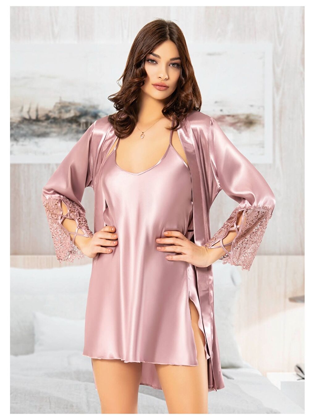 Pembe 2'li Saten Kadın Gecelik