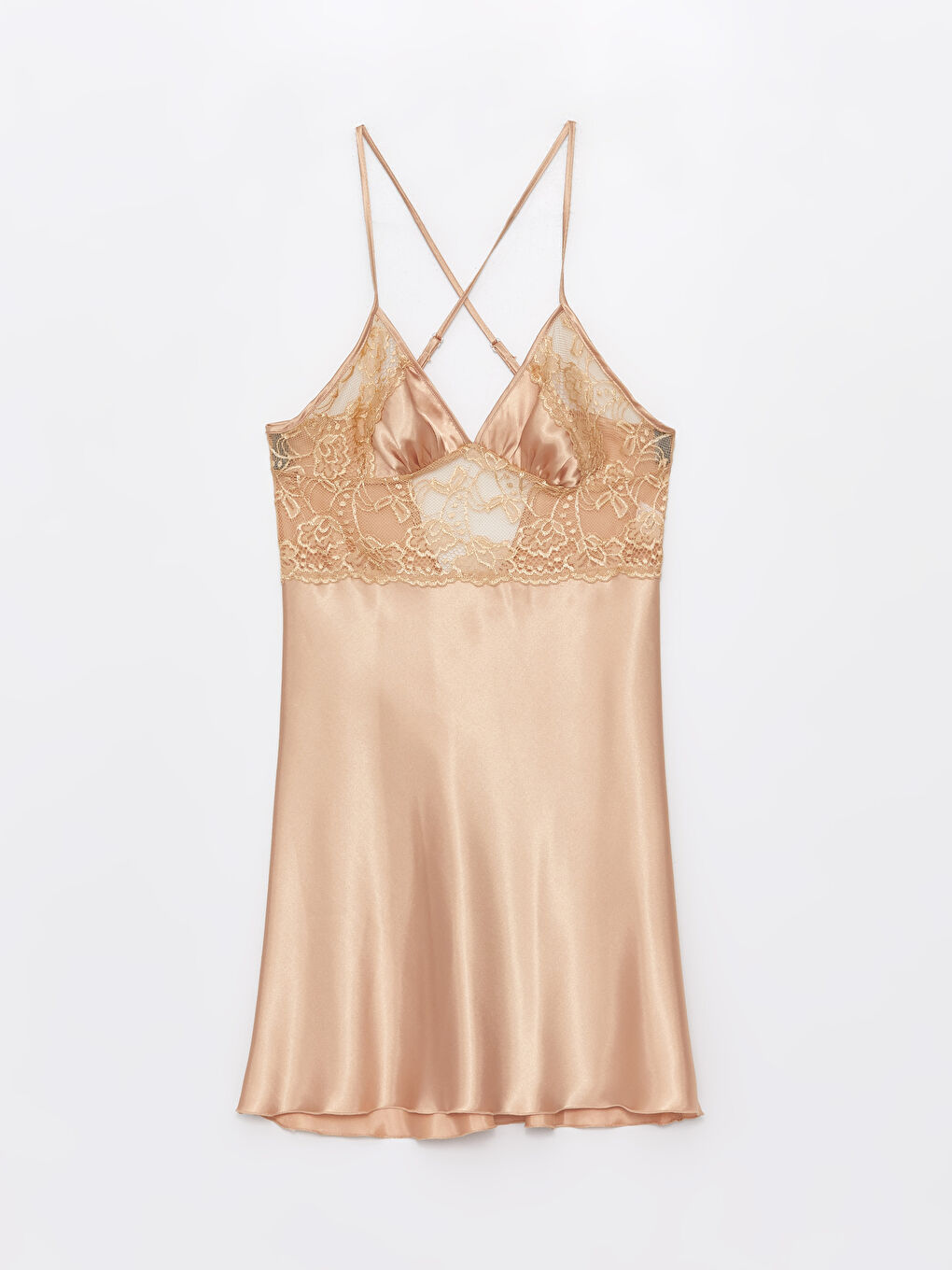 Bej Askılı Saten Gecelik