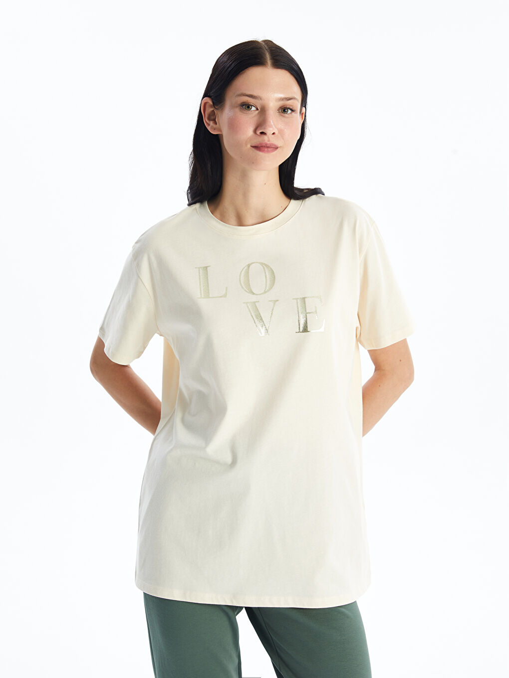 Bej Bisiklet Yaka Baskılı Kadın Tunik-1