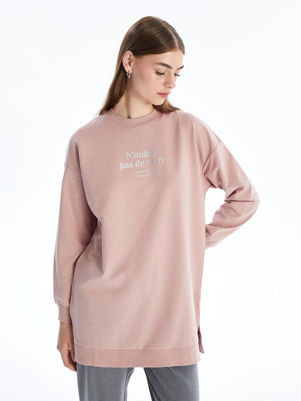 Crew Neck Printed Women's Sweatshirt Tunic
