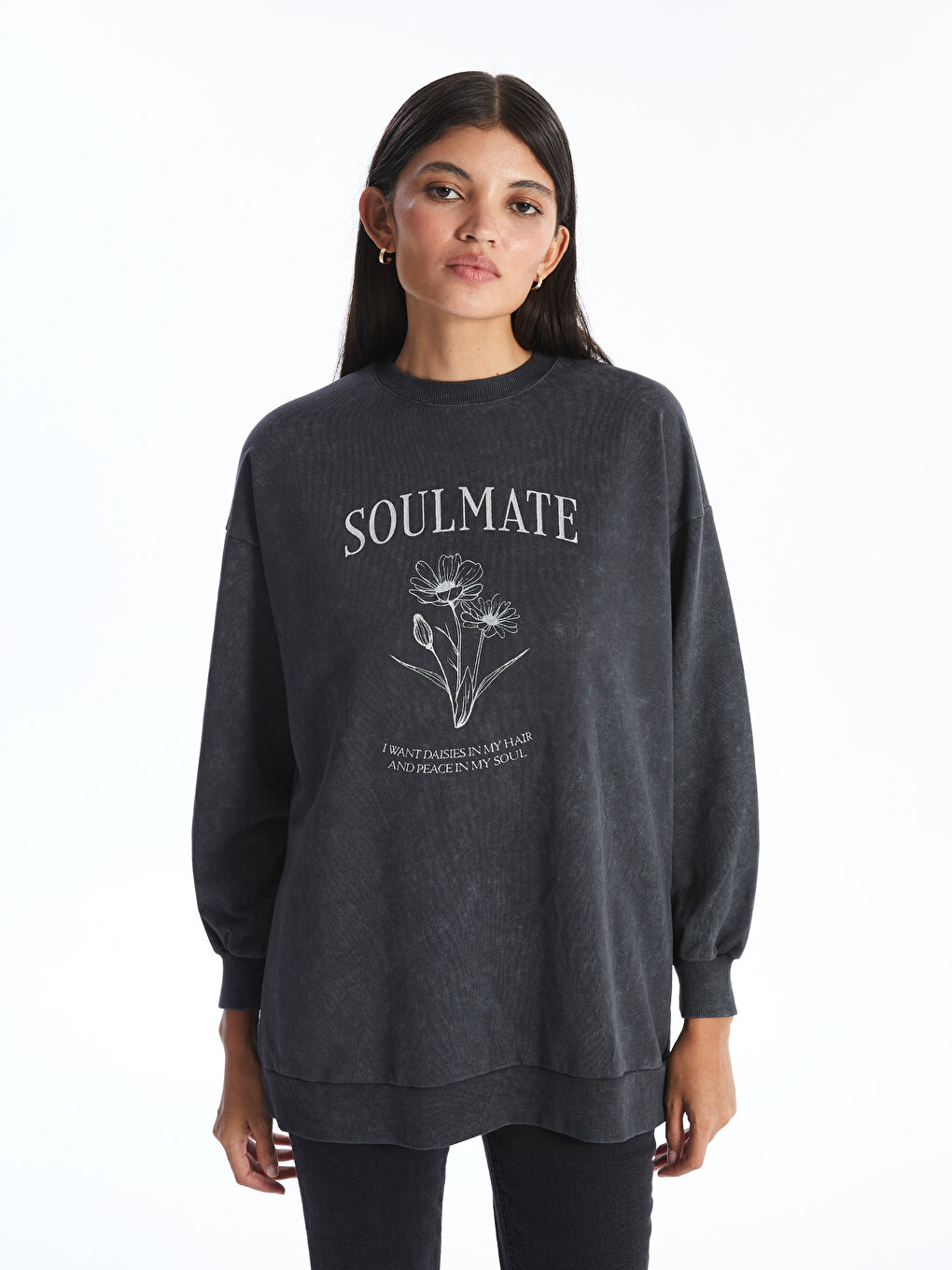 LCW Modest Antrasit Bisiklet Yaka Baskılı Kadın Sweatshirt Tunik