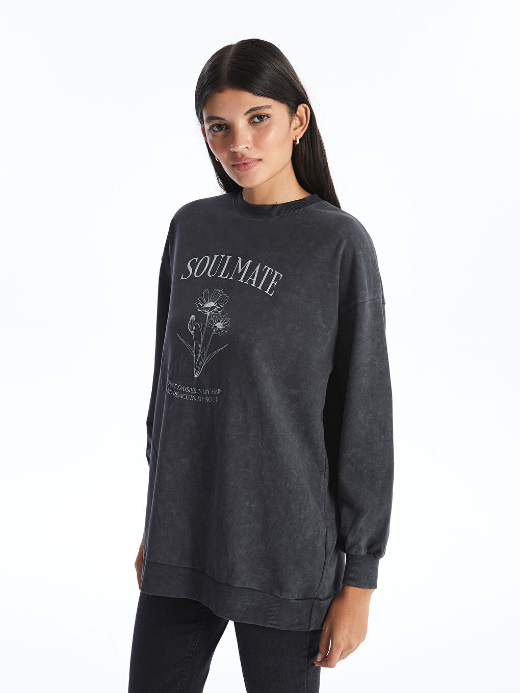LCW Modest Antrasit Bisiklet Yaka Baskılı Kadın Sweatshirt Tunik - 1