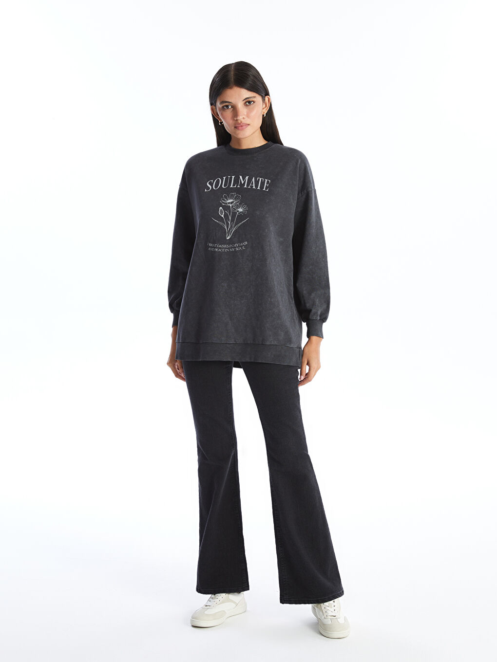 LCW Modest Antrasit Bisiklet Yaka Baskılı Kadın Sweatshirt Tunik - 2