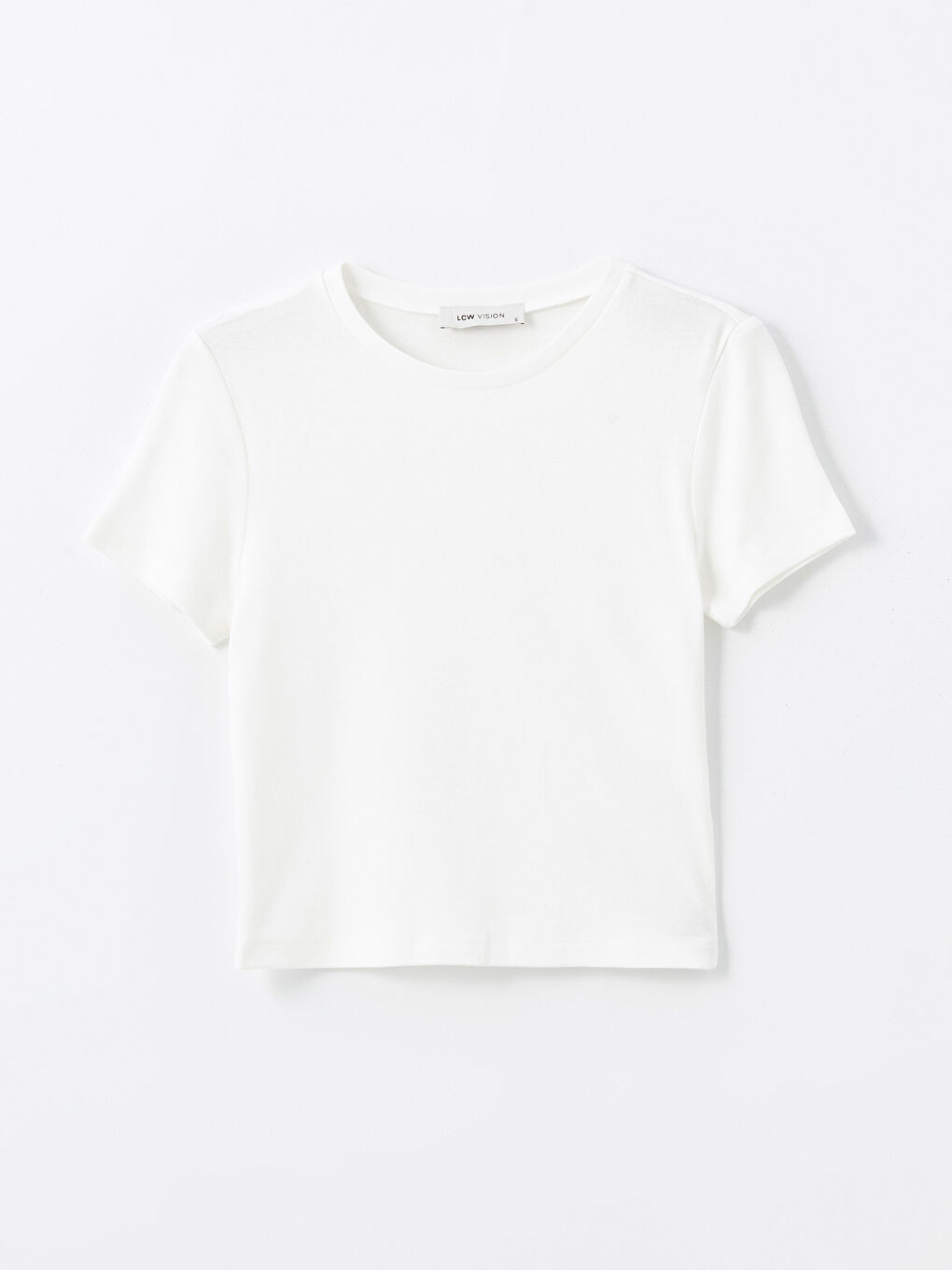 Ekru Bisiklet Yaka Düz Kısa Kollu Kadın Tişört-5