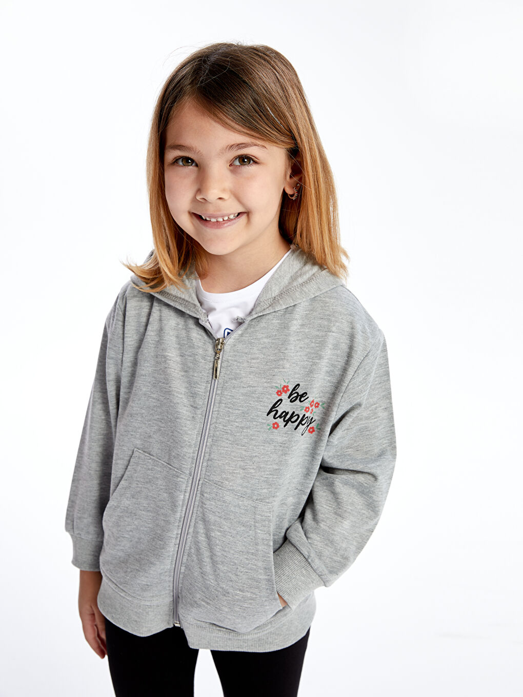 Calimera Kids Gri Melanj Kapüşonlu Kız Çocuk Fermuarlı Sweatshirt