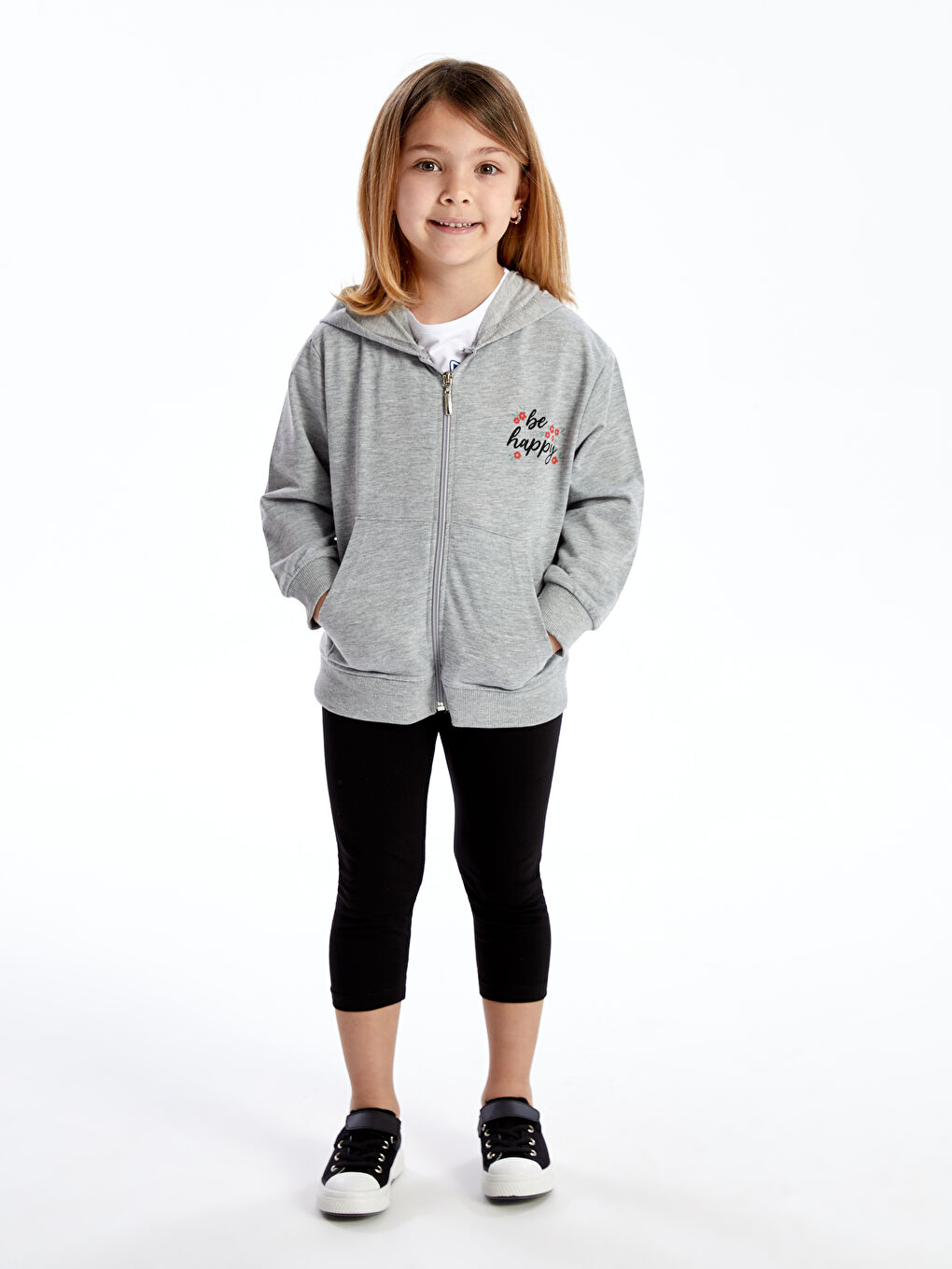 Calimera Kids Gri Melanj Kapüşonlu Kız Çocuk Fermuarlı Sweatshirt - 1