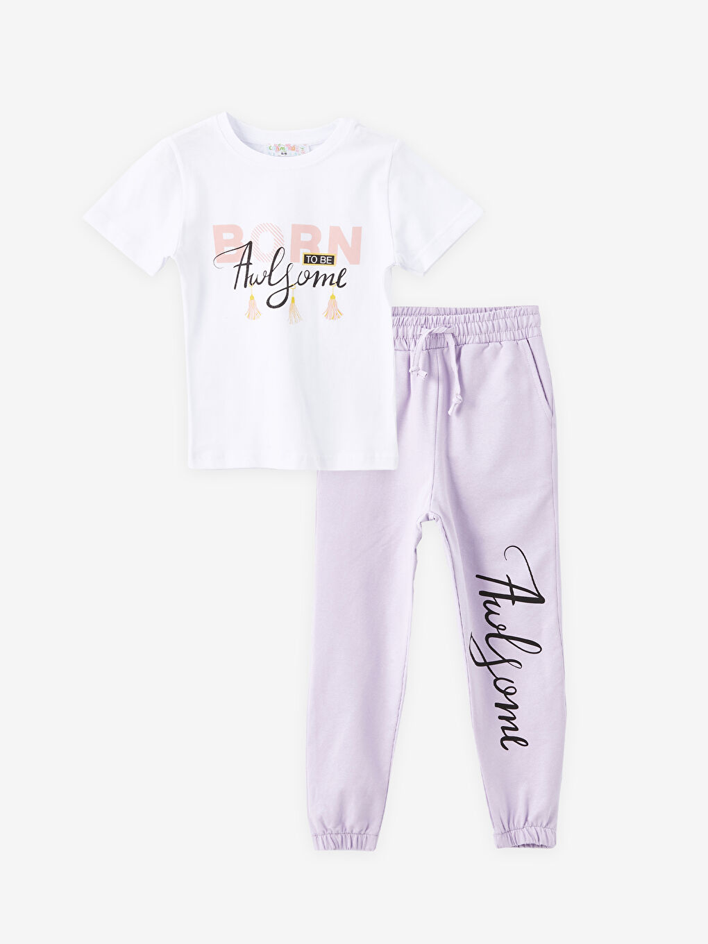 Lila Bisiklet Yaka Kız Çocuk Tişört ve Eşofman Altı