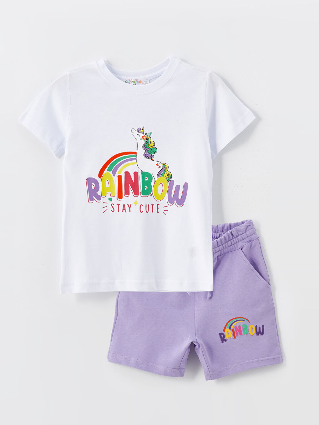Lila Bisiklet Yaka Baskılı Kız Çocuk Tişört ve Şort 2'li Takım