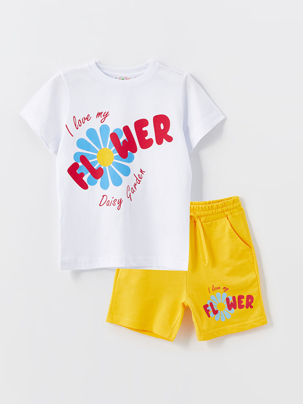 Sarı Bisiklet Yaka Baskılı Kız Çocuk Tişört ve Şort 2'li Takım