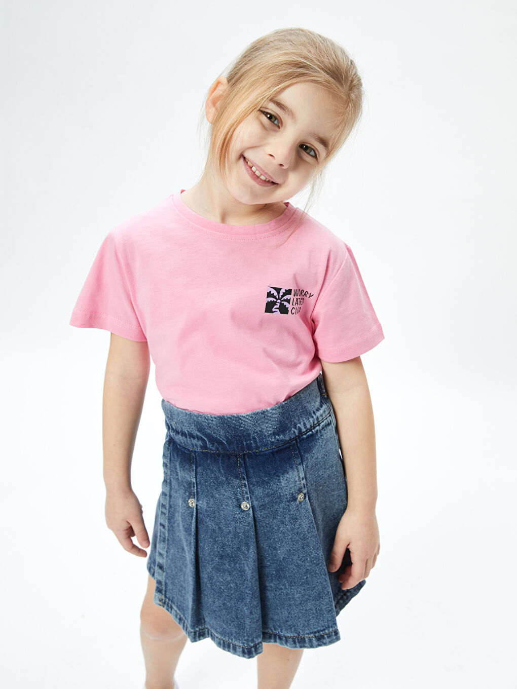 Pembe Bisiklet Yaka Baskılı Kız Çocuk Tişört-1