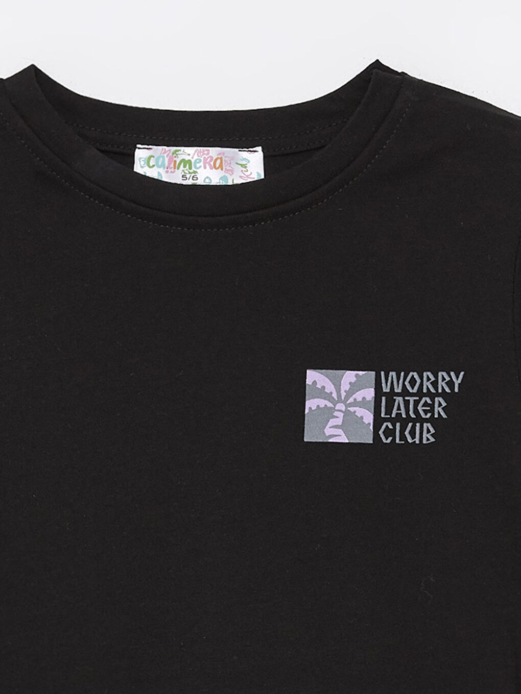 Siyah Bisiklet Yaka Baskılı Kız Çocuk Tişört-2