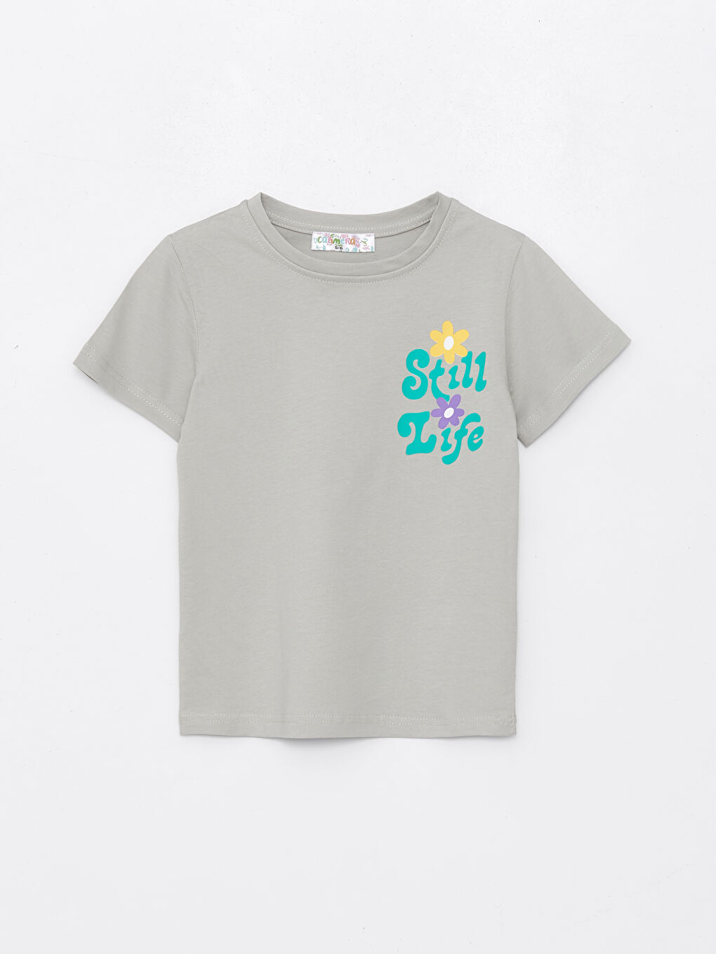 Gri Bisiklet Yaka Baskılı Kız Çocuk Tişört