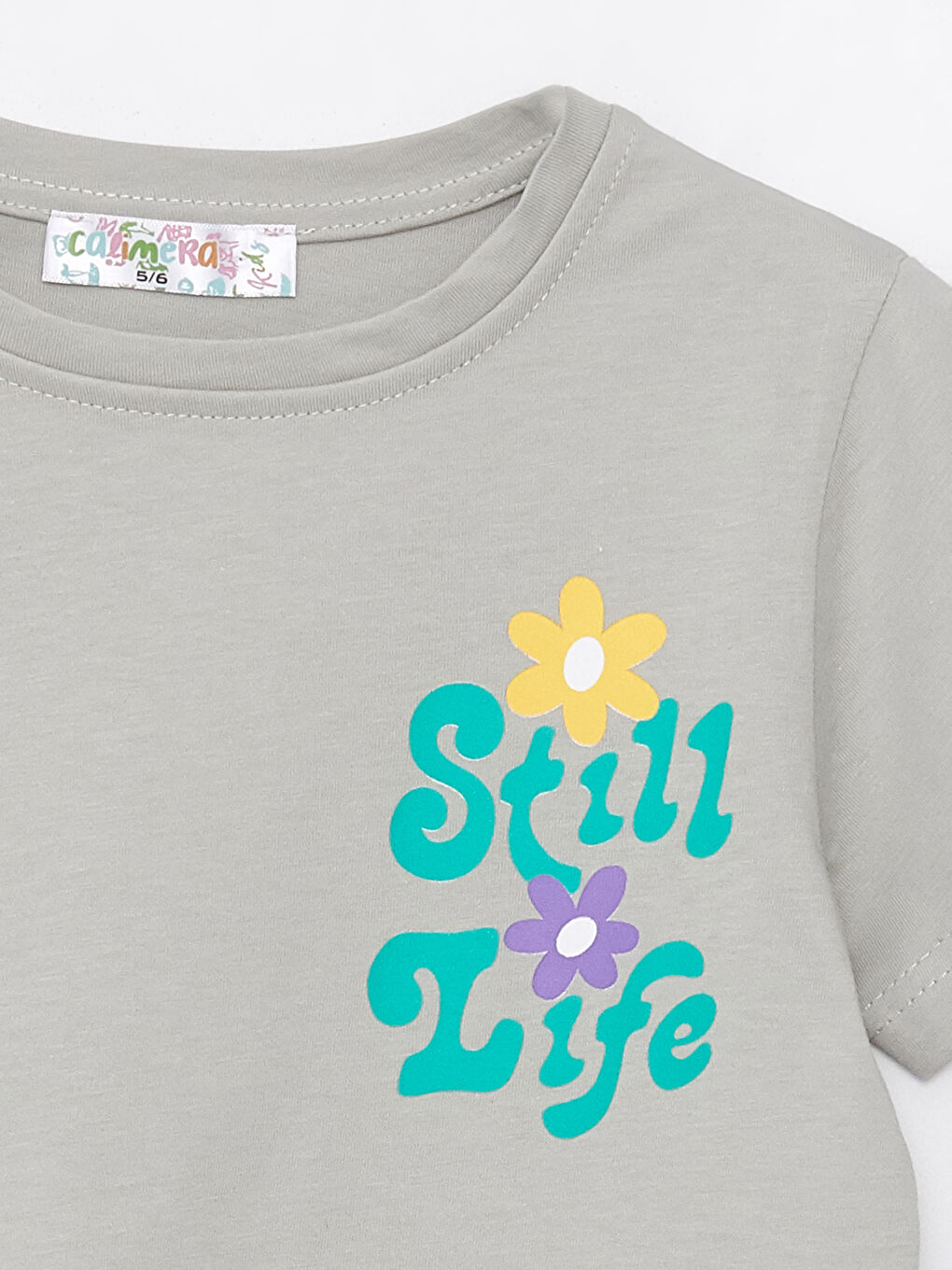 Gri Bisiklet Yaka Baskılı Kız Çocuk Tişört-2