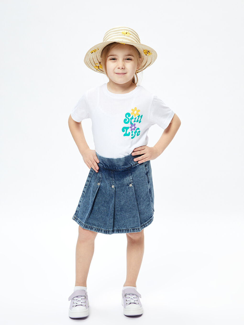 Beyaz Bisiklet Yaka Baskılı Kız Çocuk Tişört-2