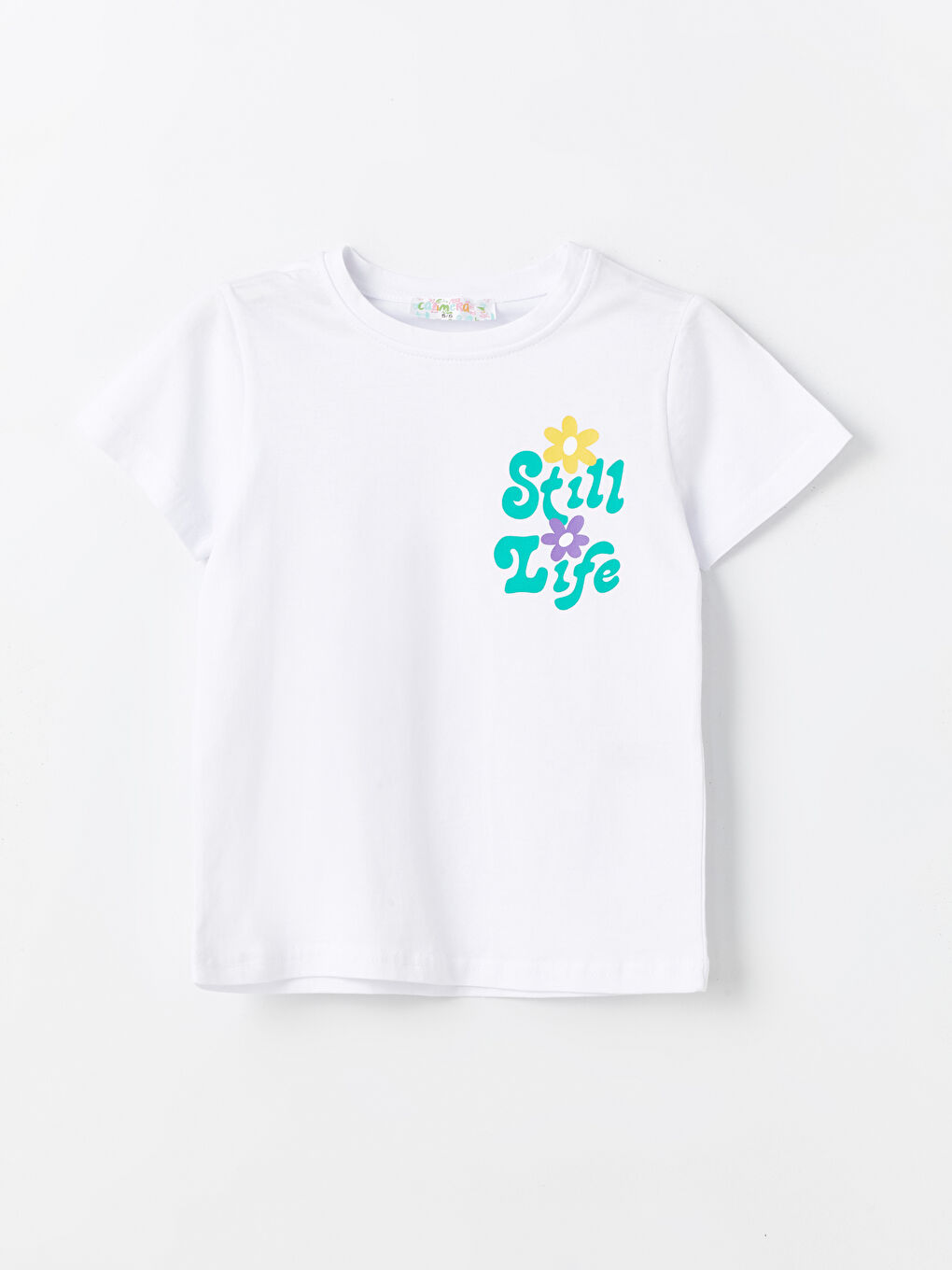Beyaz Bisiklet Yaka Baskılı Kız Çocuk Tişört-3
