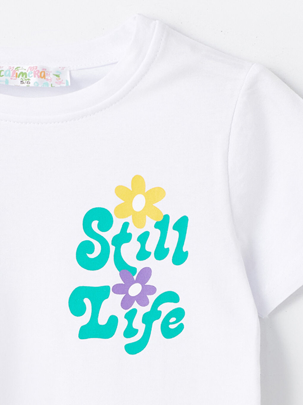 Beyaz Bisiklet Yaka Baskılı Kız Çocuk Tişört-4