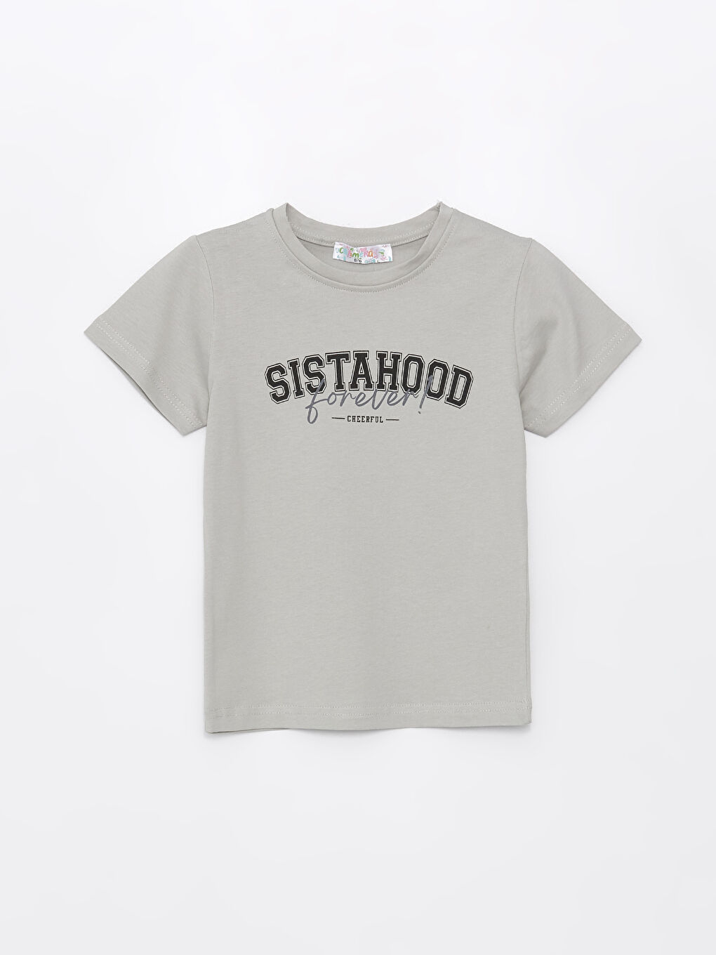 Gri Bisiklet Yaka Baskılı Kız Çocuk Tişört