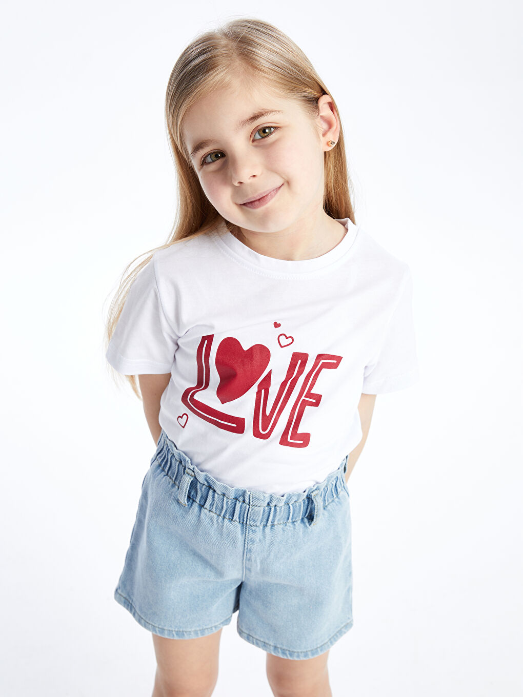 Beyaz Bisiklet Yaka Baskılı Kız Çocuk Tişört