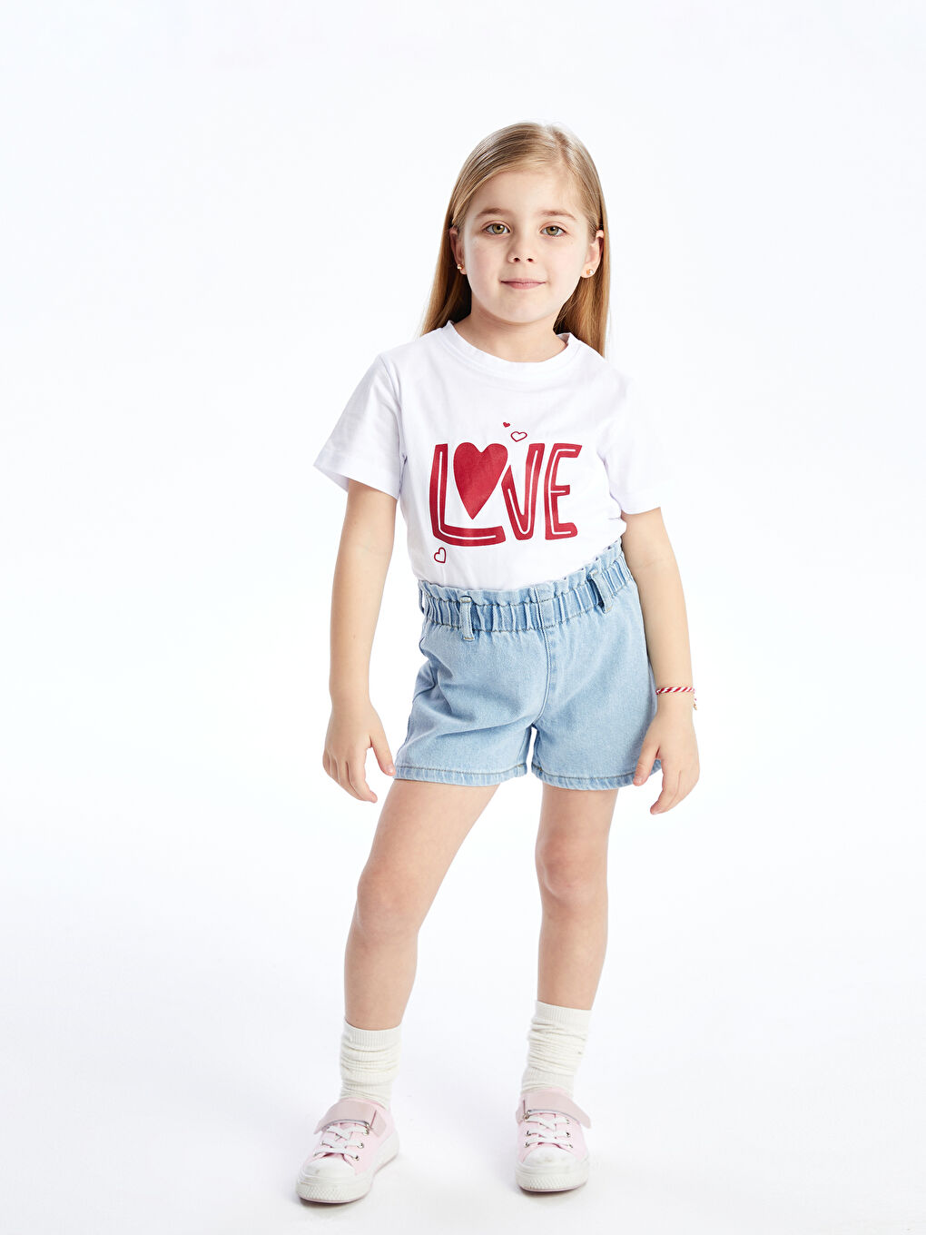 Beyaz Bisiklet Yaka Baskılı Kız Çocuk Tişört-1