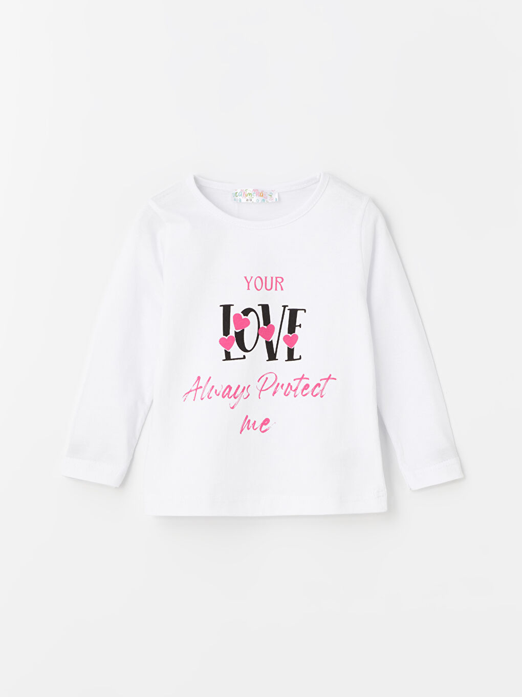 Beyaz Bisiklet Yaka Baskılı Kız Çocuk Tişört