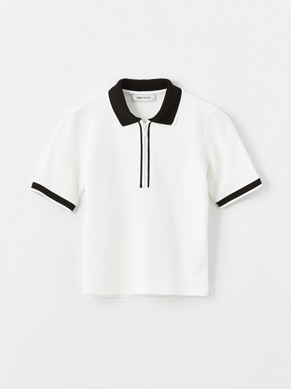 Ekru Polo Yaka Renk Bloklu Kısa Kollu Kadın Tişört