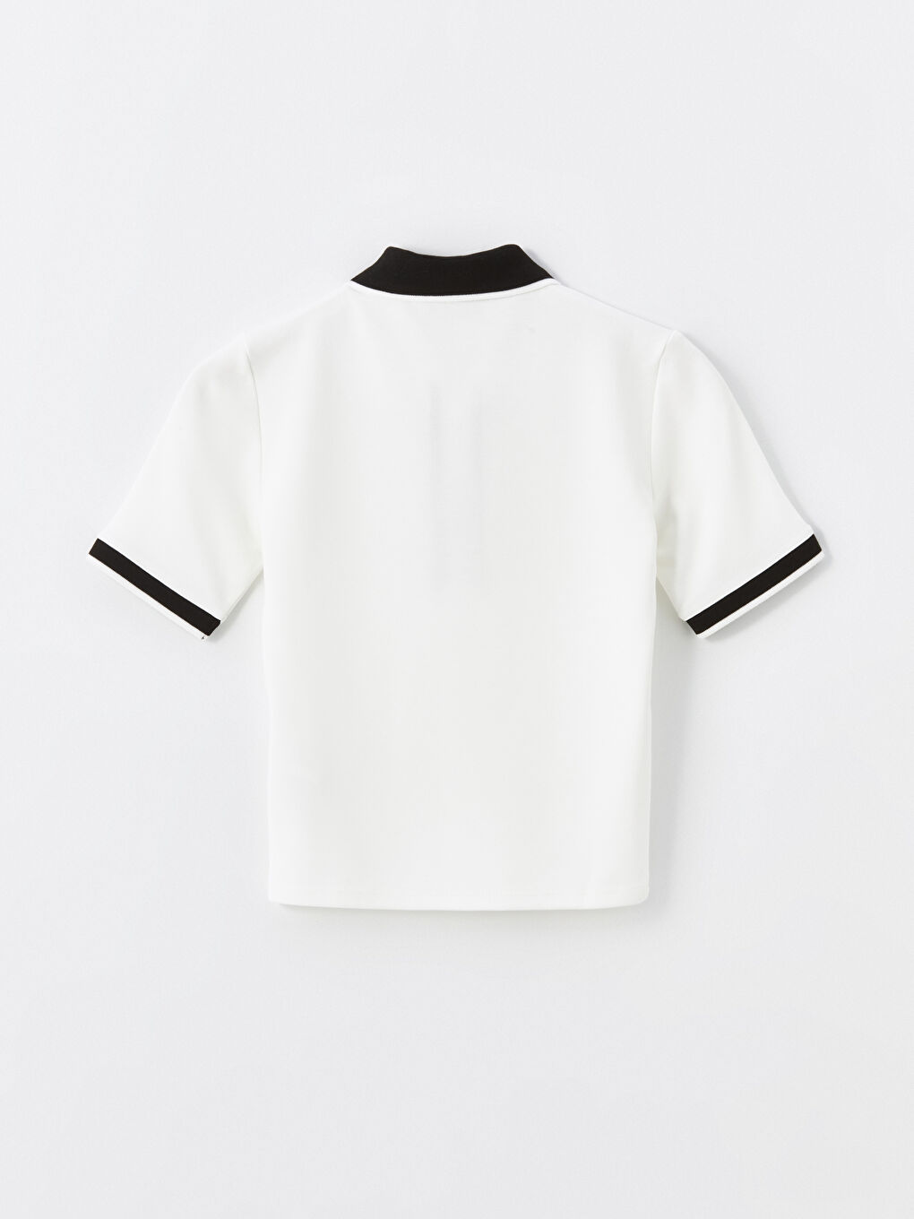 Ekru Polo Yaka Renk Bloklu Kısa Kollu Kadın Tişört-1