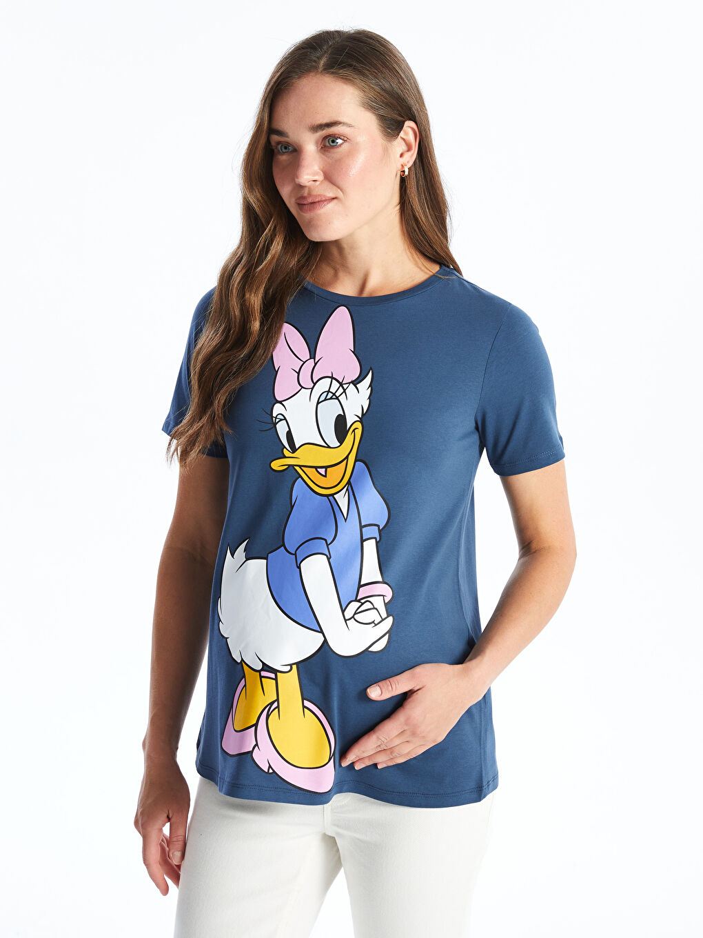 LCWAIKIKI Maternity İndigo Bisiklet Yaka Daisy Duck Baskılı Kısa Kollu Hamile Tişört - 1