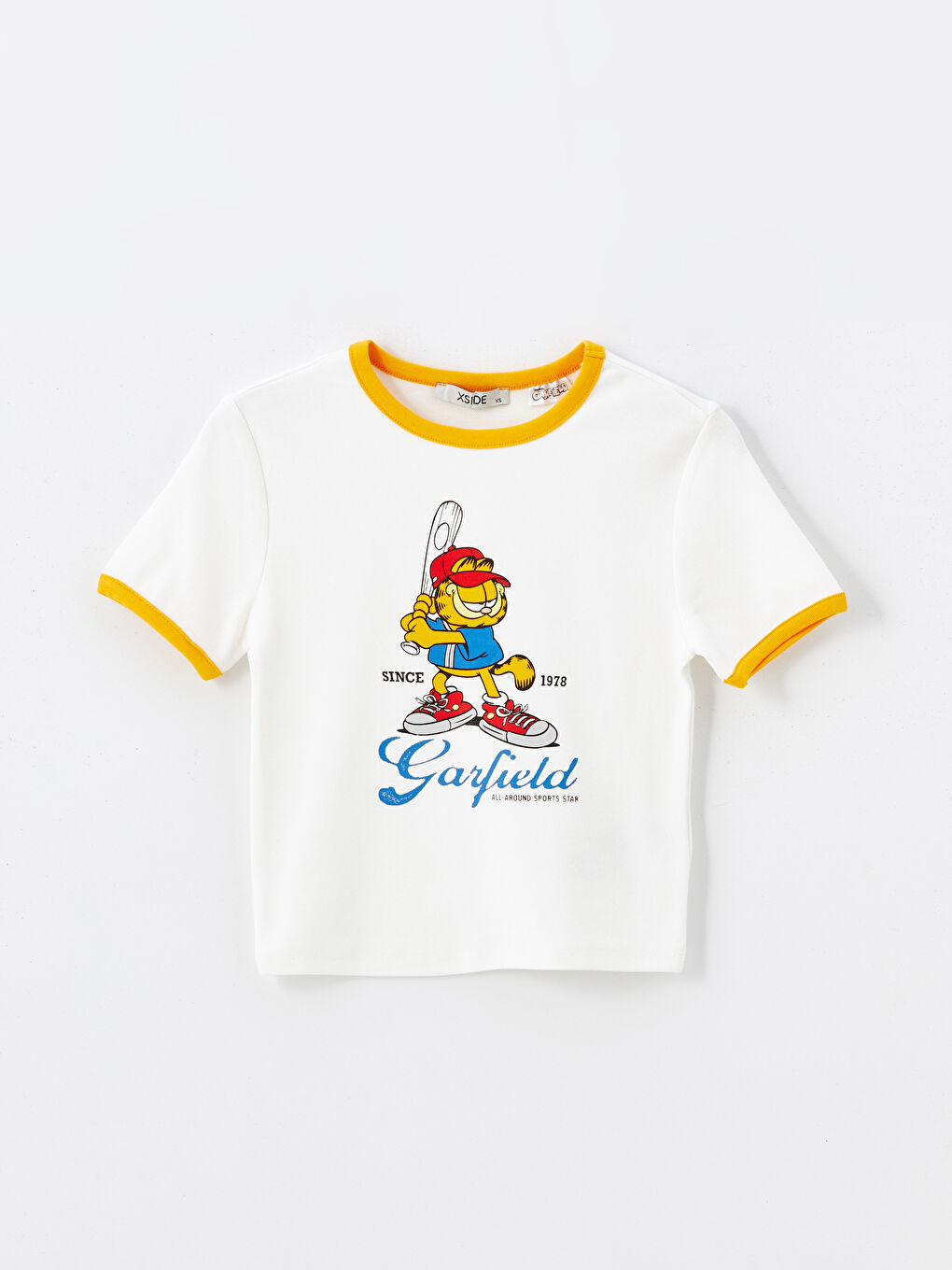 XSIDE Ekru Bisiklet Yaka Garfield Baskılı Kısa Kollu Kadın Crop - 4