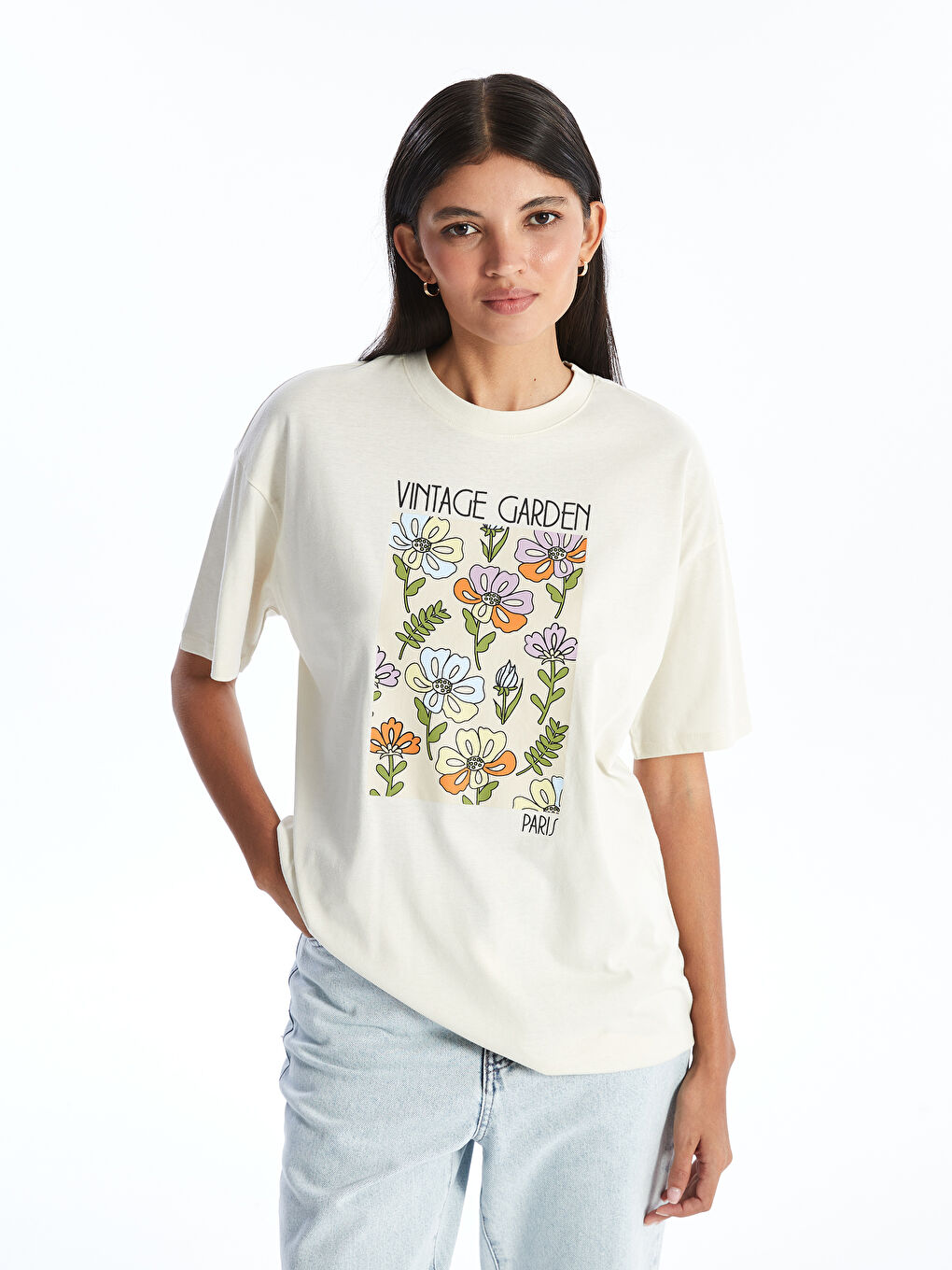 Ekru Bisiklet Yaka Baskılı Kısa Kollu Kadın Tişört-1