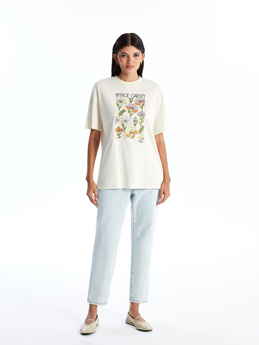 Ekru Bisiklet Yaka Baskılı Kısa Kollu Kadın Tişört-2