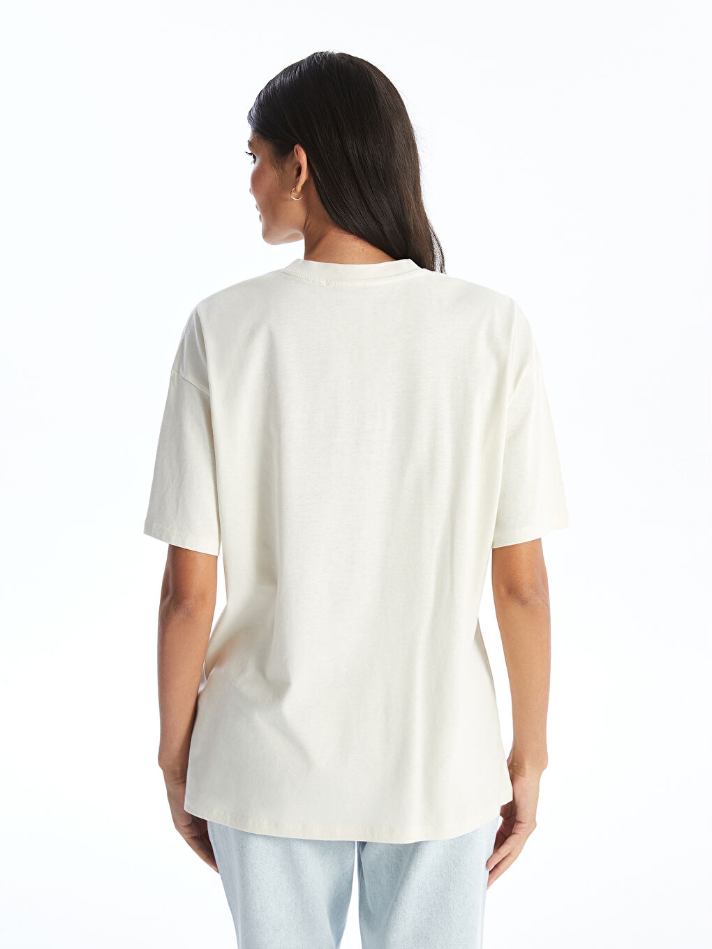 Ekru Bisiklet Yaka Baskılı Kısa Kollu Kadın Tişört-4