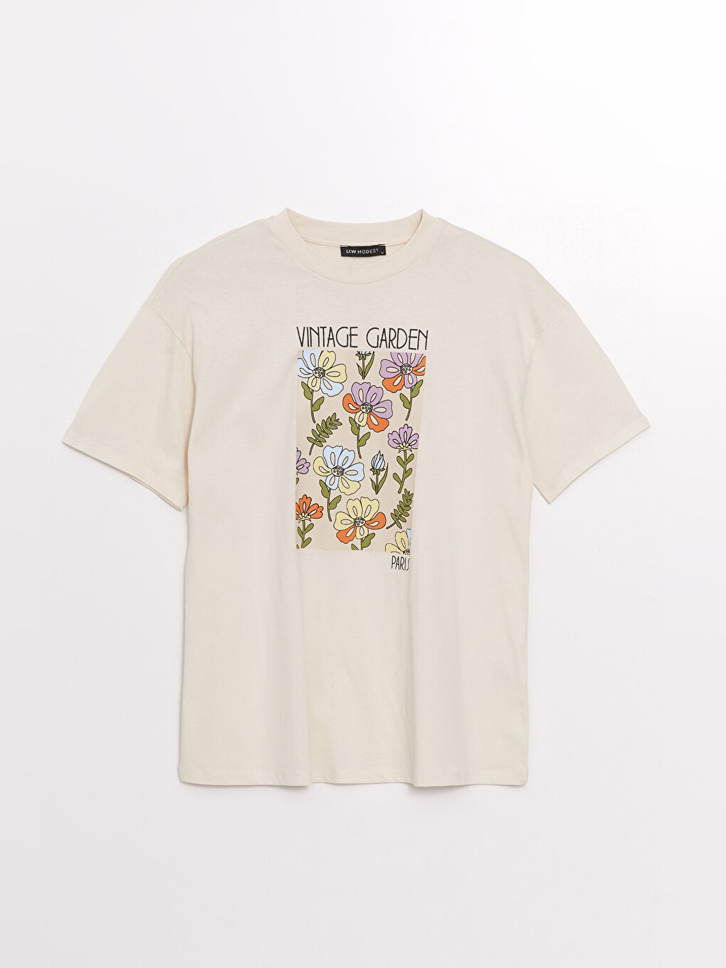 Ekru Bisiklet Yaka Baskılı Kısa Kollu Kadın Tişört-5