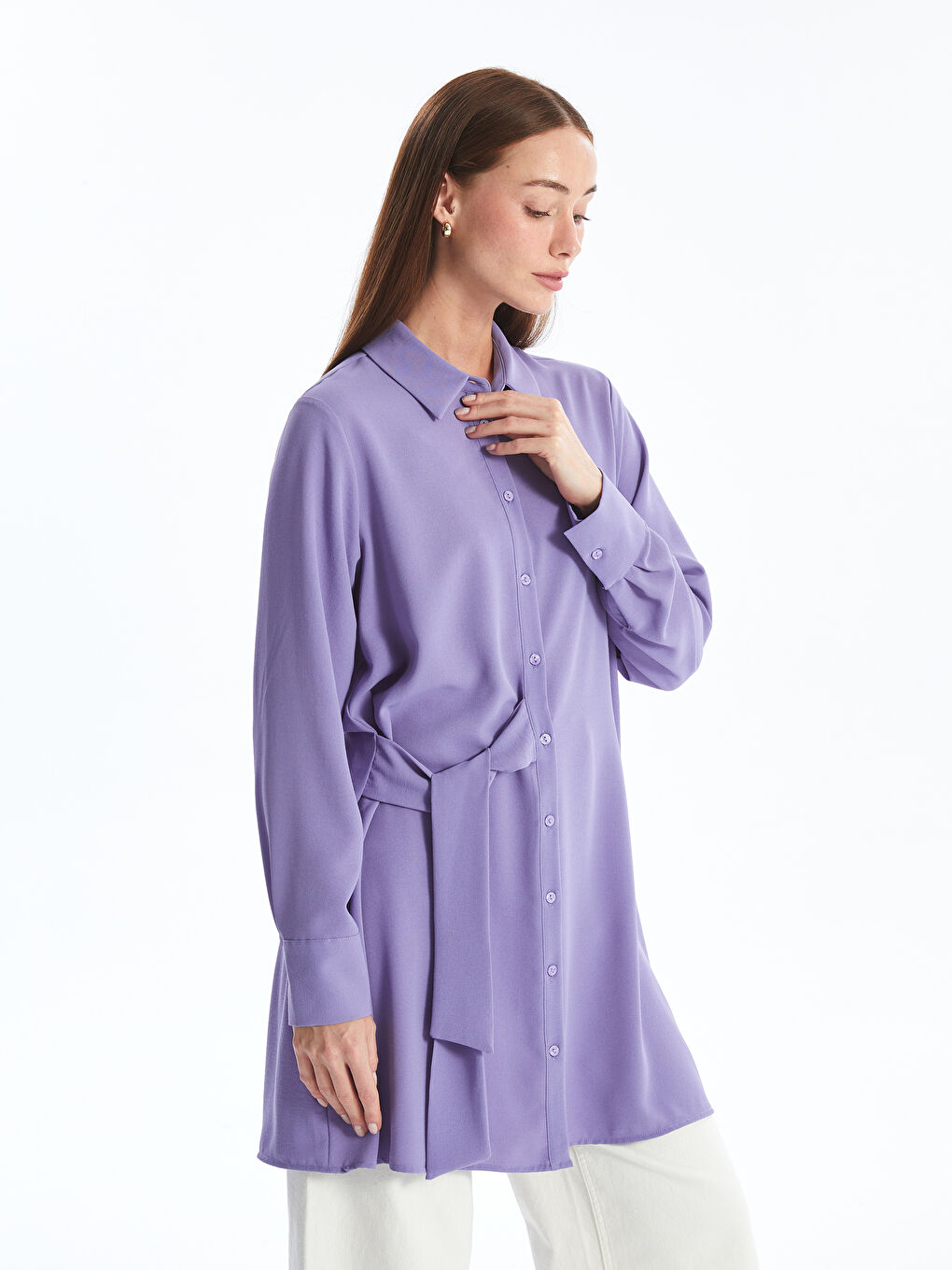 Lila Düz Uzun Kollu Kadın Gömlek Tunik