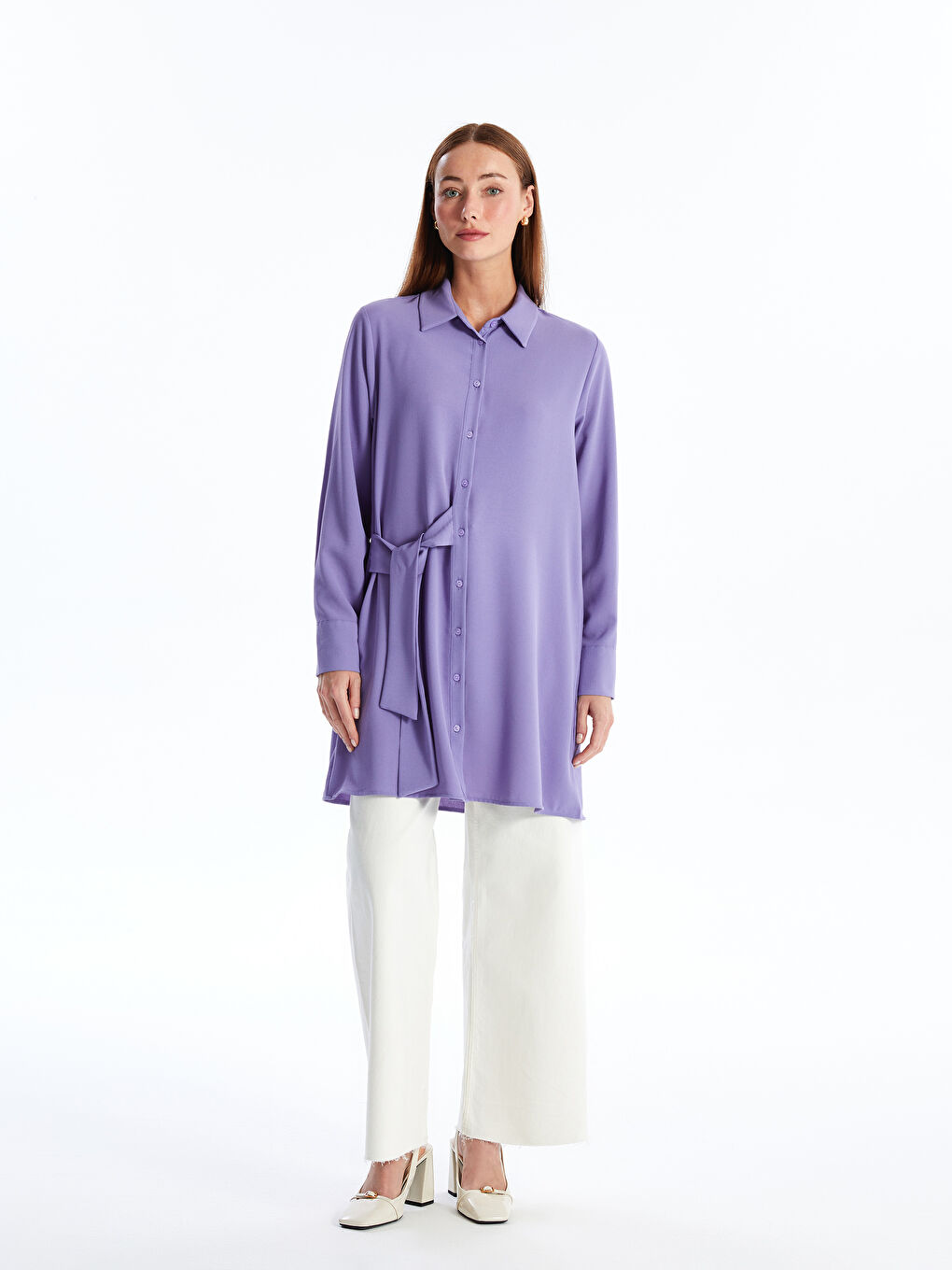 Lila Düz Uzun Kollu Kadın Gömlek Tunik-1