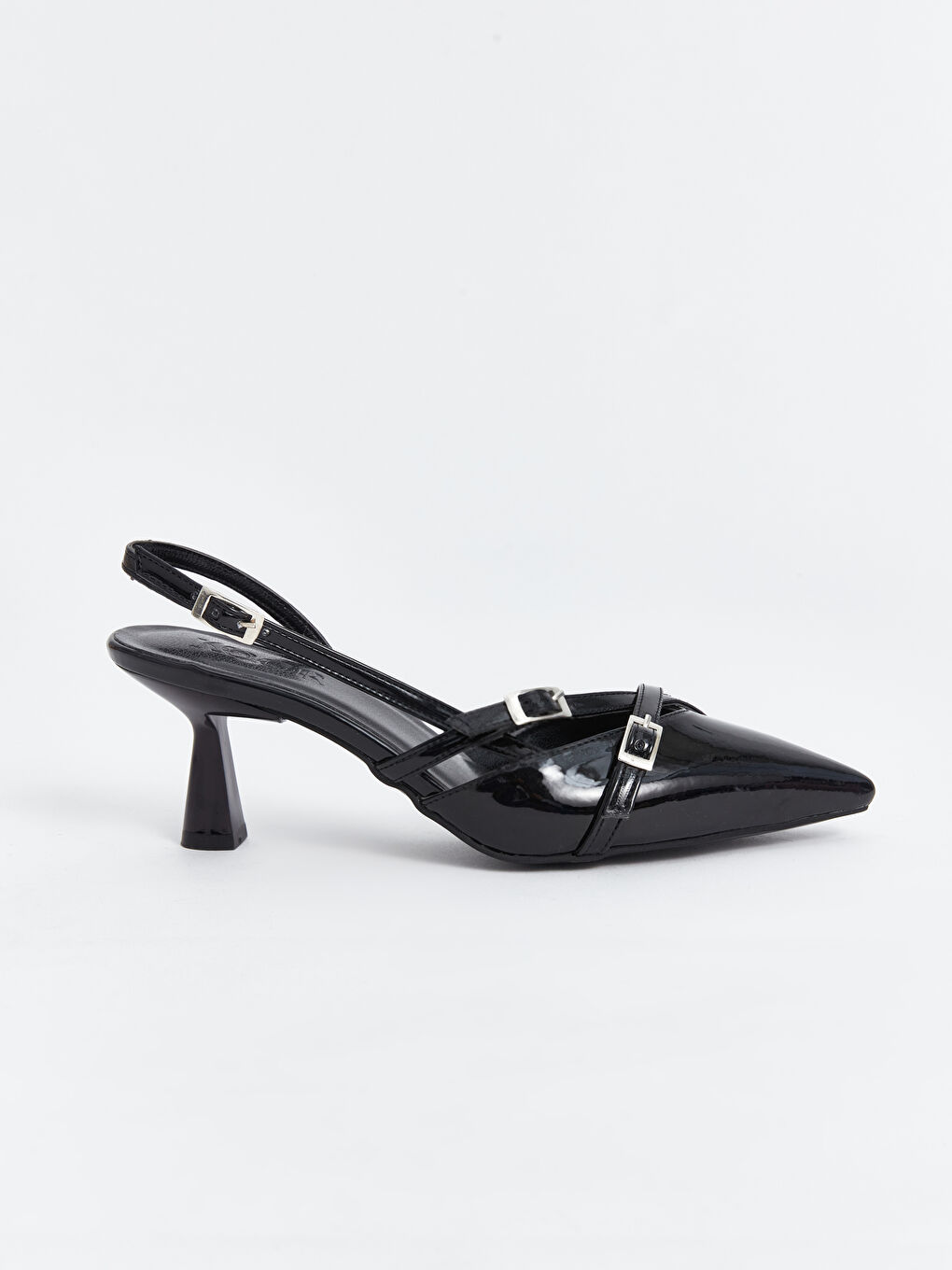 Siyah Deri Görünümlü Sivri Burun Kadın Topuklu Ayakkabı-1