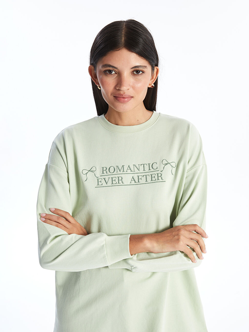 Yeşil Bisiklet Yaka Nakışlı Kadın Sweatshirt Tunik